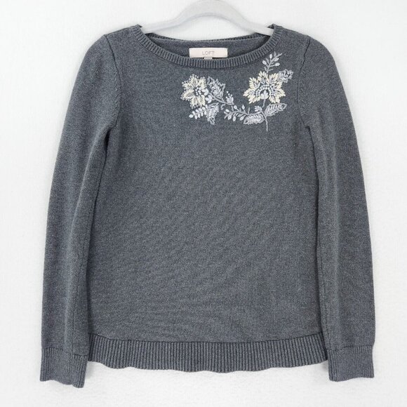 Ann Taylor LOFT Sweater Womens Small Gray Lightweight Cotton Floral Embroidered - Picture 1 of 9
